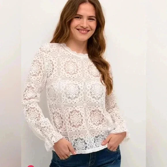 Cream woman’s navy (diff color than stock) lace embroidered long sleeve sz 36 - Picture 1 of 7